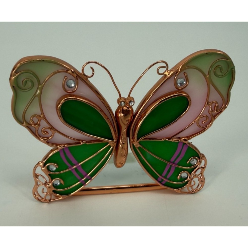 Butterfly Stained Glass Style Votive Candle Holder Pink Green Gold Tone Rhinest